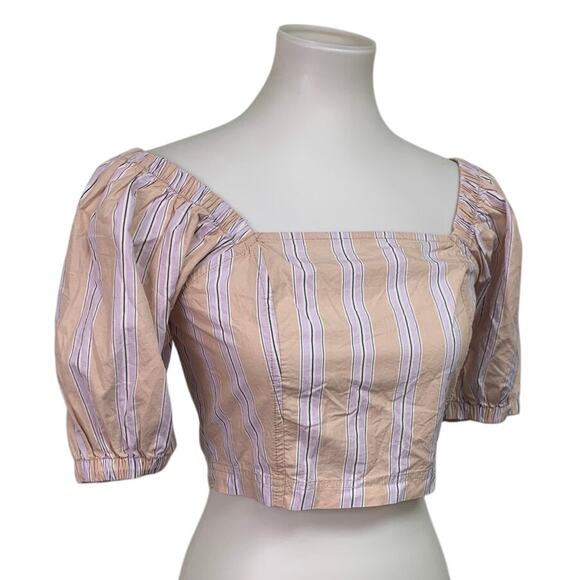 New Aerie Womens Small Striped Puff Sleeve 100% Cotton Smocked Square Neck Top - Picture 2 of 8